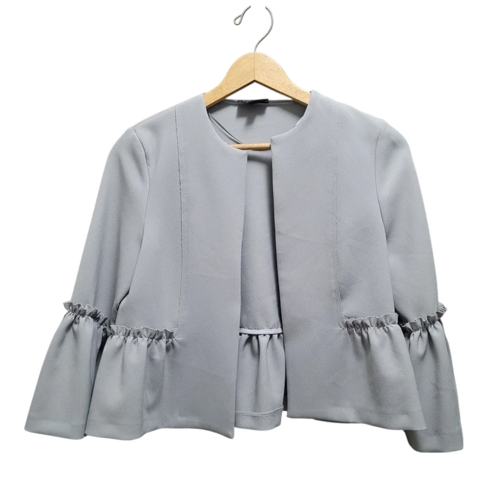 Sz 6 US Grey Topshop Cropped Blazer Ruffled Bell Sleeves Open Front
